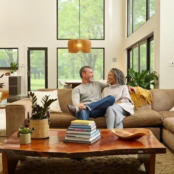 Comfortable Couple Relaxing in Their Jacksonville Home A man and woman sitting on the couch in front of a window, relaxing in their Jacksonville, Florida home