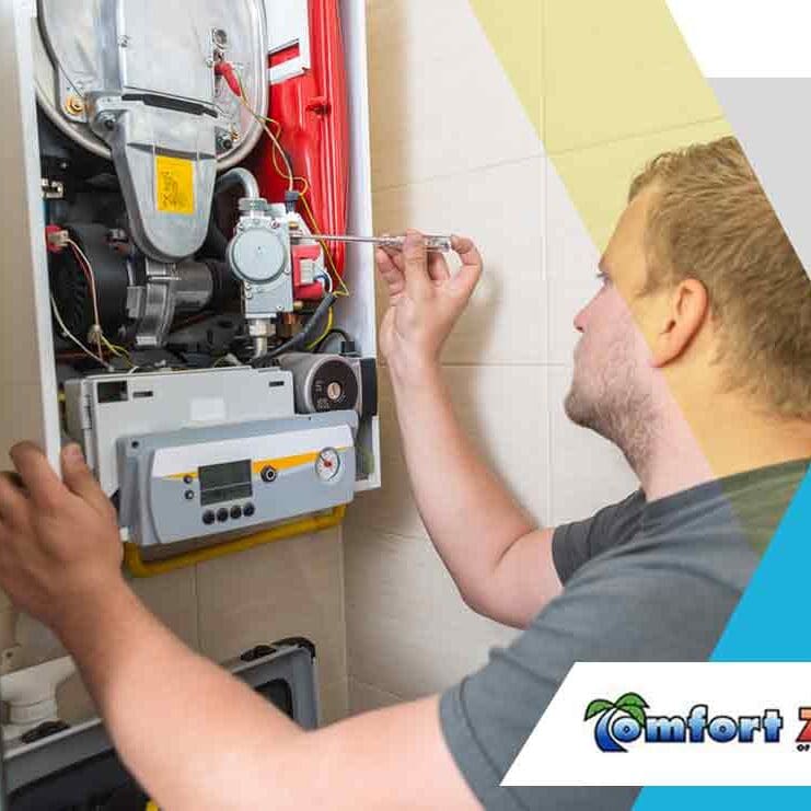 HVAC Service Technician Repairing a Gas Furnace An HVAC service technician is repairing a gas furnace, troubleshooting components to ensure efficient heating operation