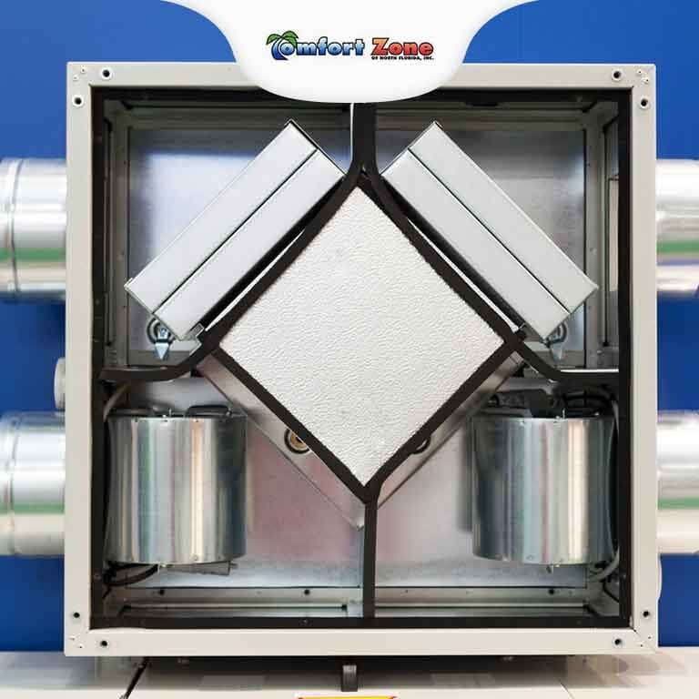 A close-up view of a fresh air unit, highlighting its components and design for improving indoor air quality by circulating fresh air into the space