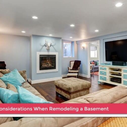 HVAC Considerations When Remodeling a Basement A room with furniture and a television, representing a remodeled basement, with the text "HVAC Considerations When Remodeling a Basement" overlaid, highlighting the importance of proper heating and cooling
