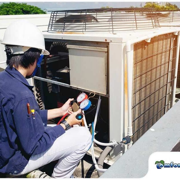 AC Repair Technician Servicing an Air Conditioning Unit on a Rooftop in Jacksonville, Florida An AC repair technician is on a rooftop in Jacksonville, Florida, servicing an air conditioning unit, performing maintenance or repairs to ensure optimal performance